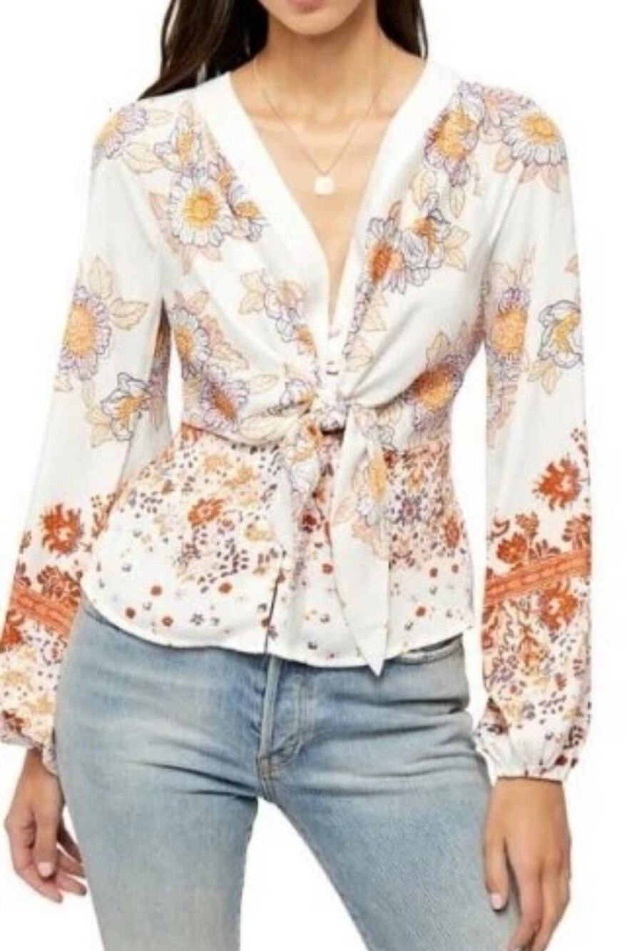 Free People "Run Free Blouse"-Floral Long Sleeve Size Large